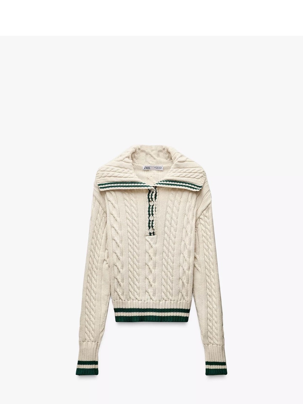 Cream Cable-Knit Sweater with Green Trim